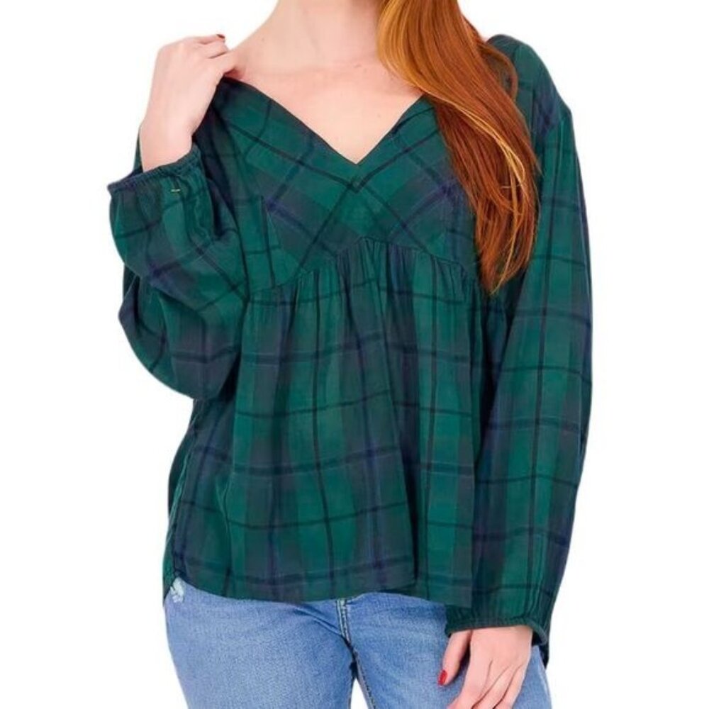 Old Navy Women V-neck Long Sleeve Plaid Top‎ Green Small